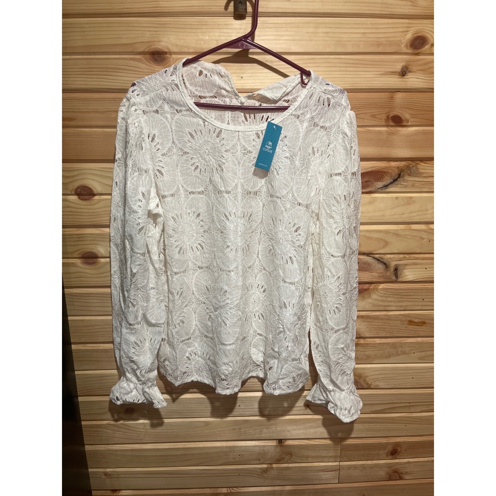 Cupshe White Floral Lace Long Sleeve Blouse Ruffle Cuff Keyhole Back New Large